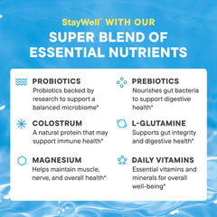 Daily Nouri StayWell probiotics and prebiotics bottle highlighting ingredients.