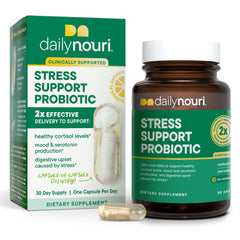 Daily Nouri Stress Support Probiotic bottle front for daily gut health and mood support.