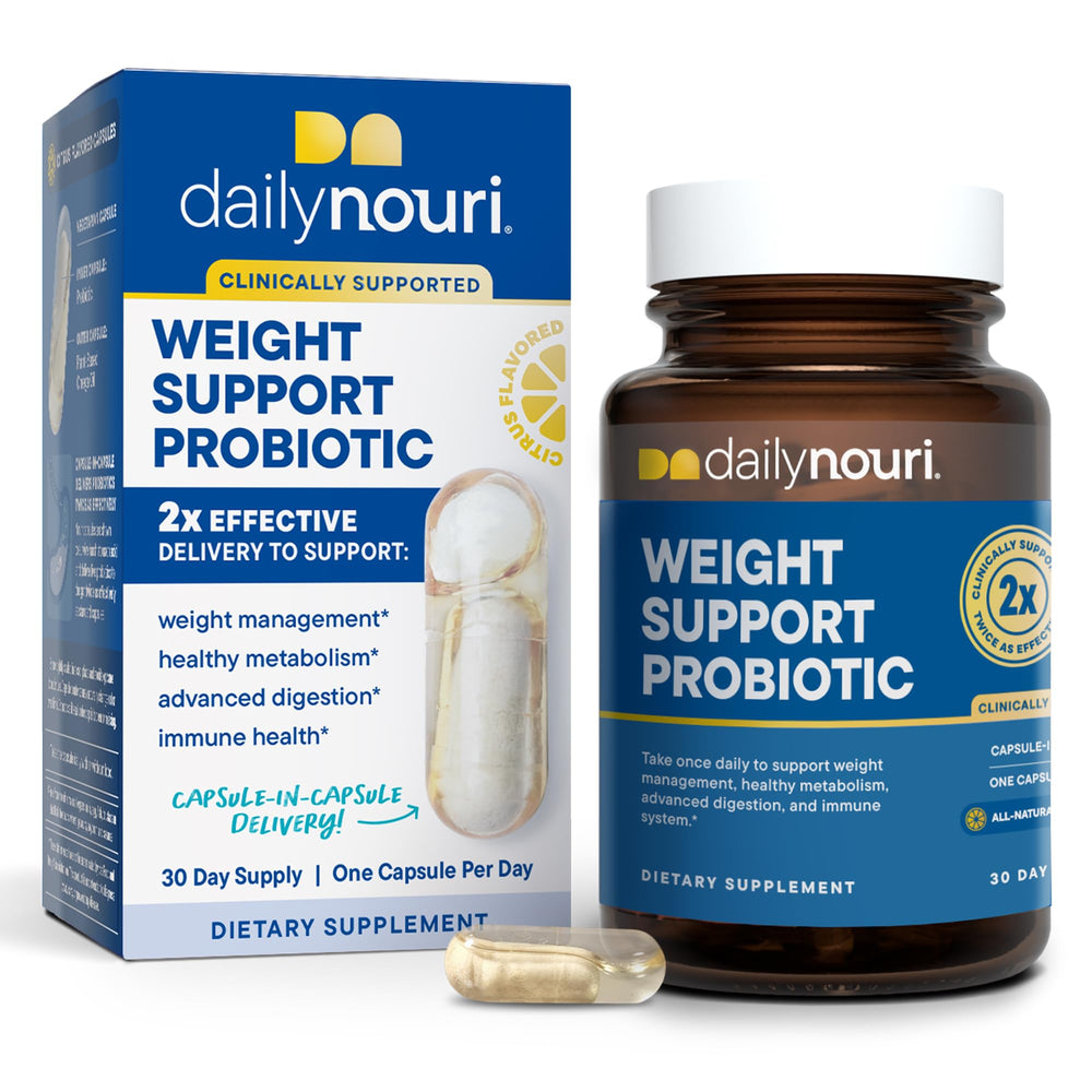 Daily Nouri Weight Health bottle showcases probiotic formula for weight management.