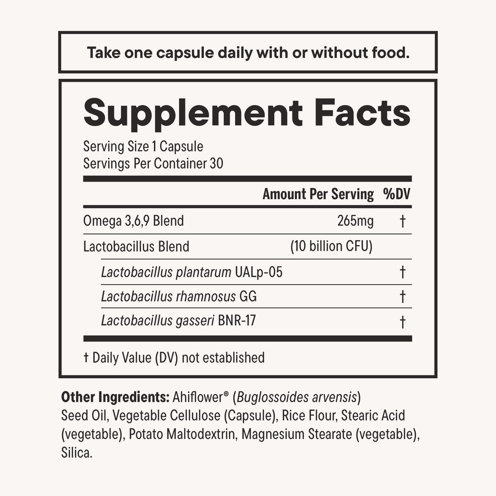 Daily Nouri Weight omega layer capsule protecting probiotics from stomach acid.