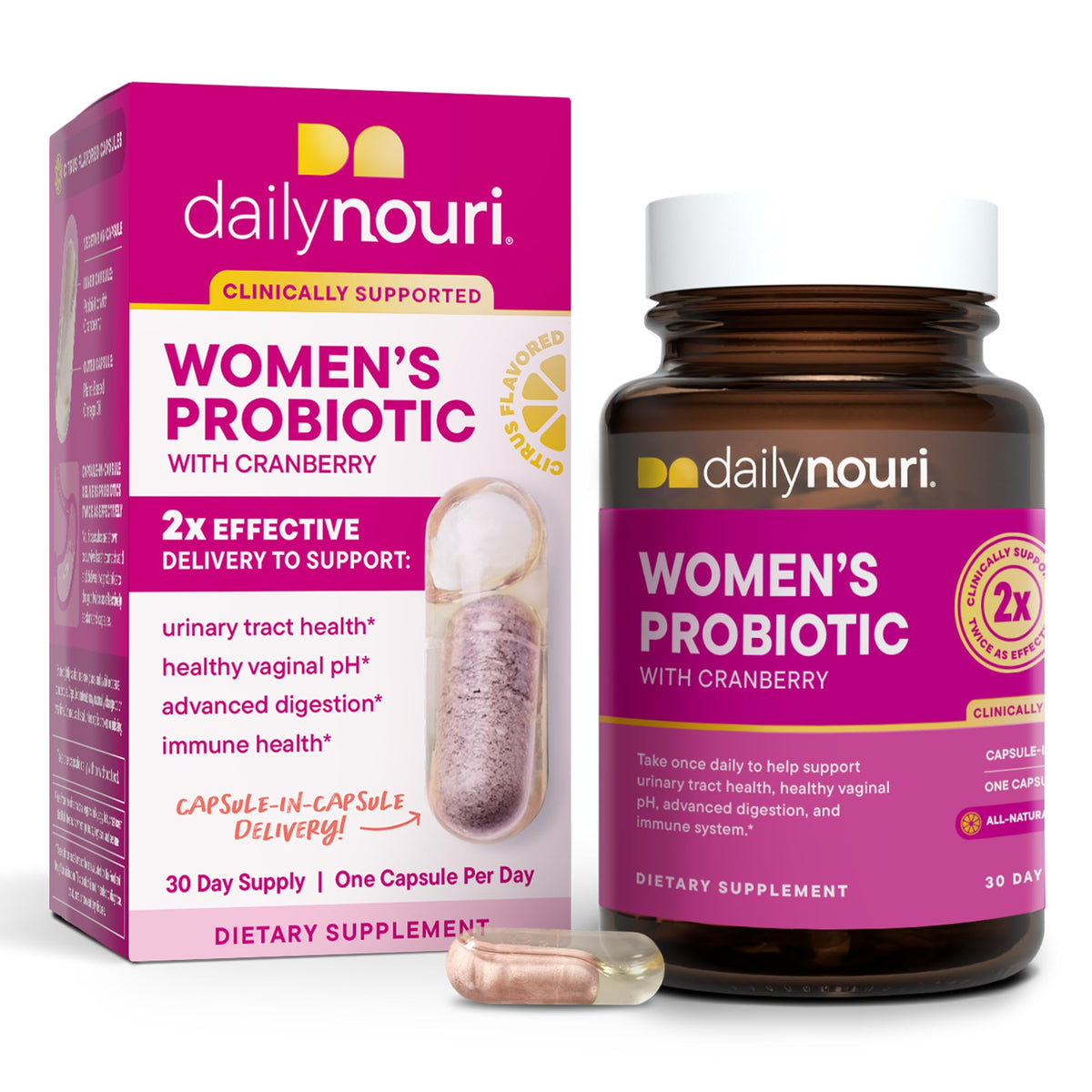 Daily Nouri Women's Probiotic bottle on a counter supports daily gut and urinary balance.