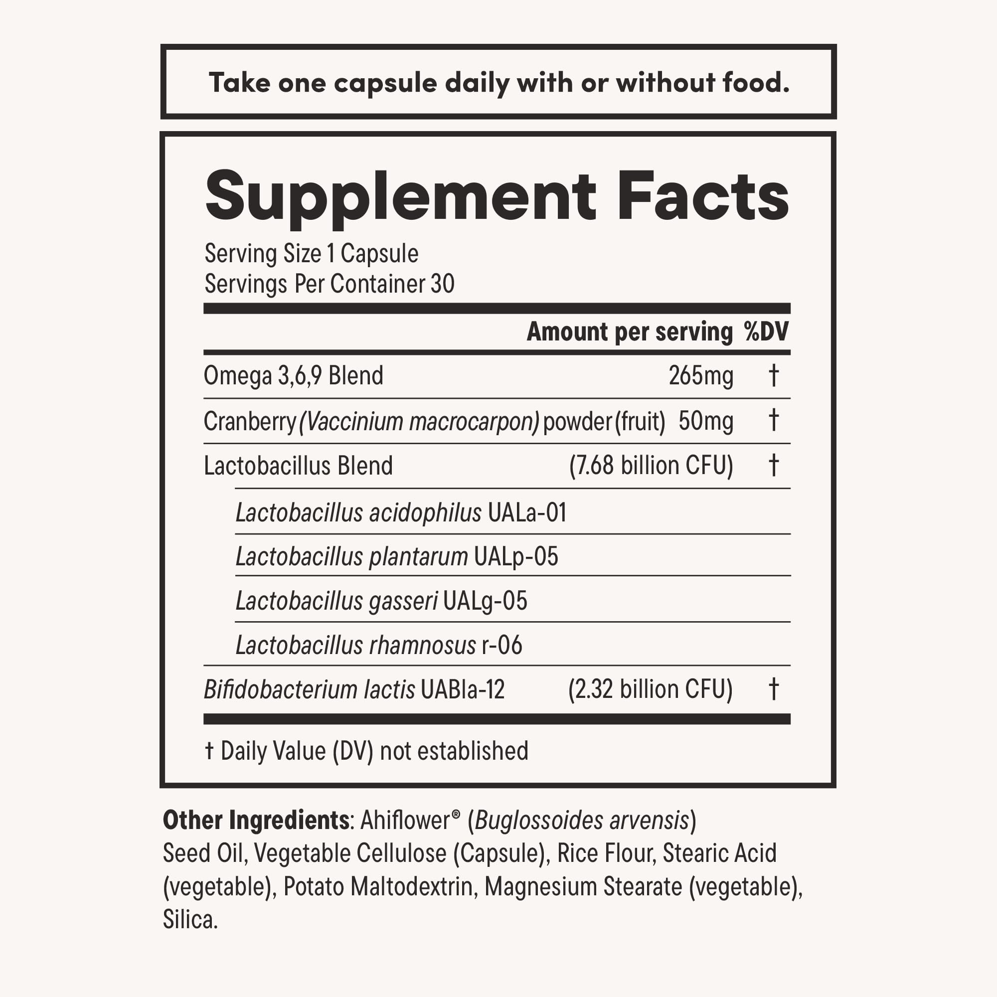 Daily Nouri Women's Probiotic daily-use schedule card illustrates routine.