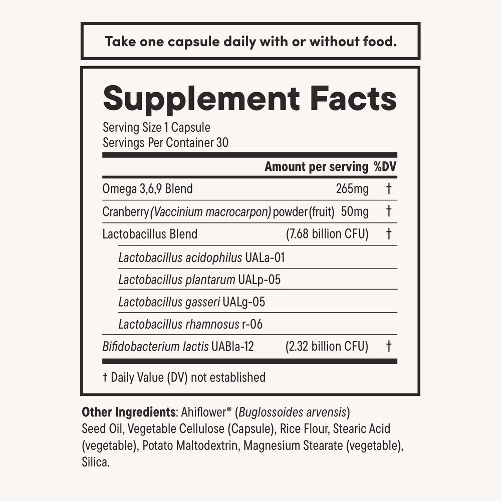 Daily Nouri Women's Probiotic daily-use schedule card illustrates routine.