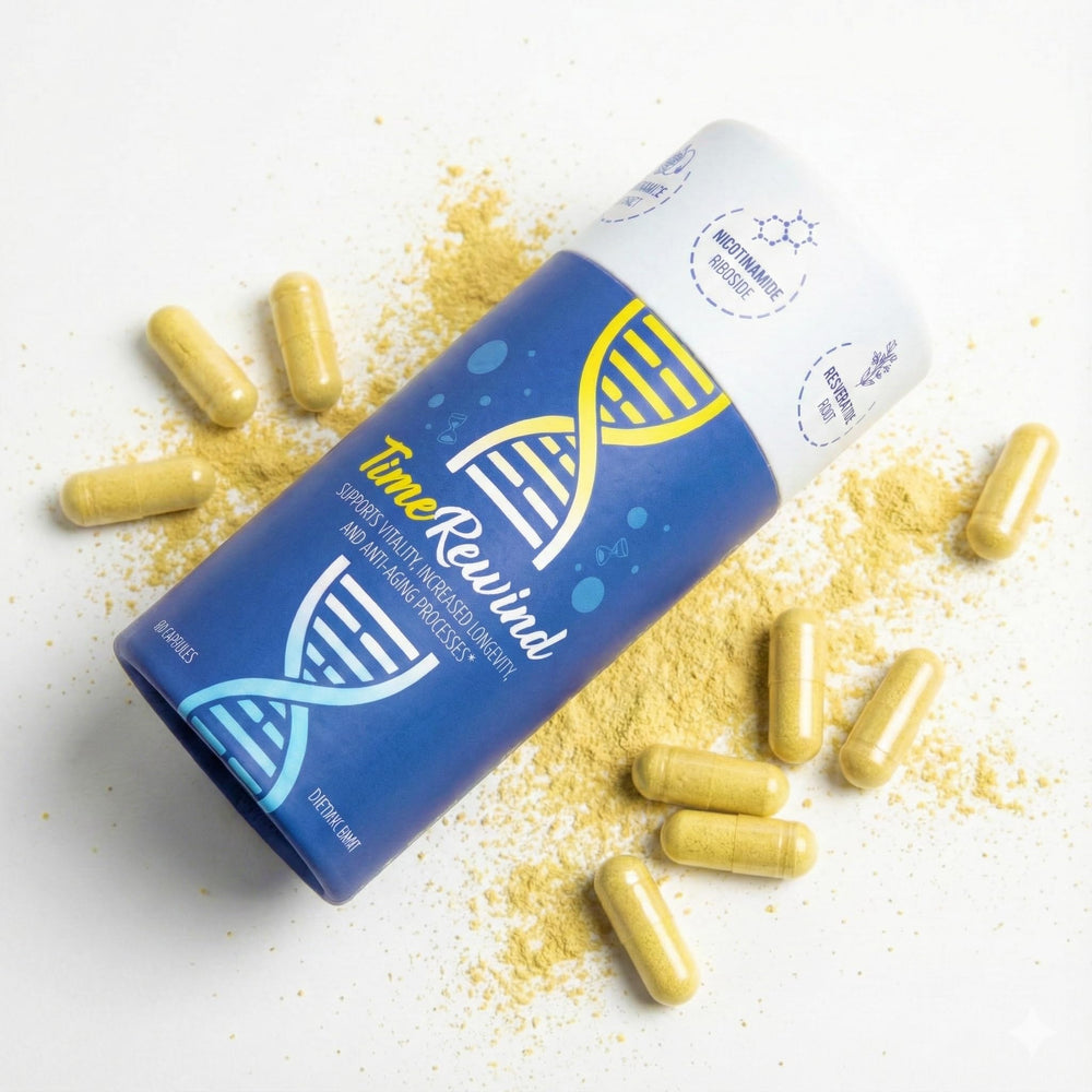 TimeRewind bottle closeup highlighting premium NR complex supporting cellular energy