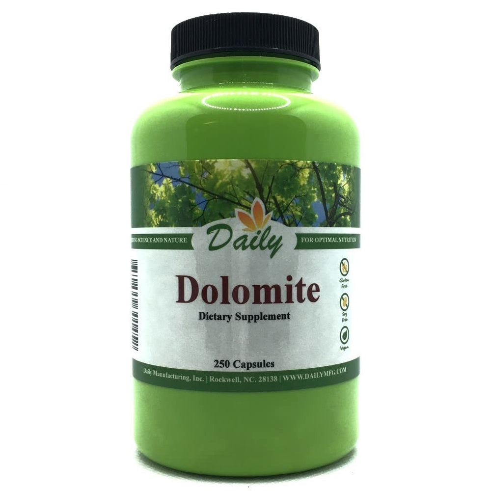 Daily Manufacturing Dolomite bottle and label showing clean, allergen-free supplement packaging.