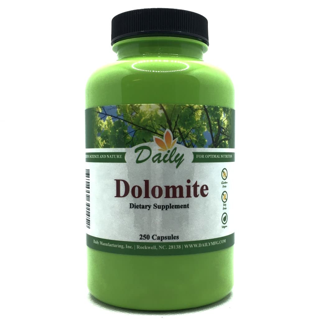Daily Manufacturing Dolomite bottle and label showing clean, allergen-free supplement packaging.
