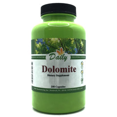 Daily Manufacturing Dolomite bottle and label showing clean, allergen-free supplement packaging.