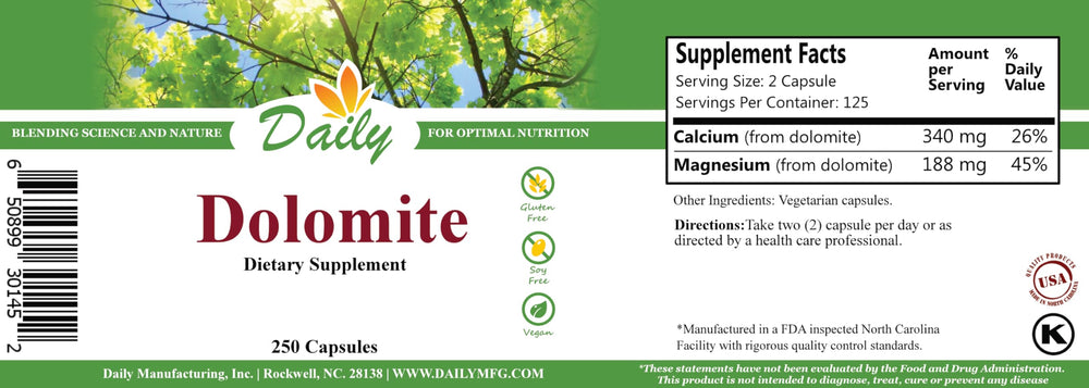 Daily Manufacturing Dolomite capsules close-up highlighting calcium and magnesium content.