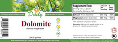 Daily Manufacturing Dolomite capsules close-up highlighting calcium and magnesium content.
