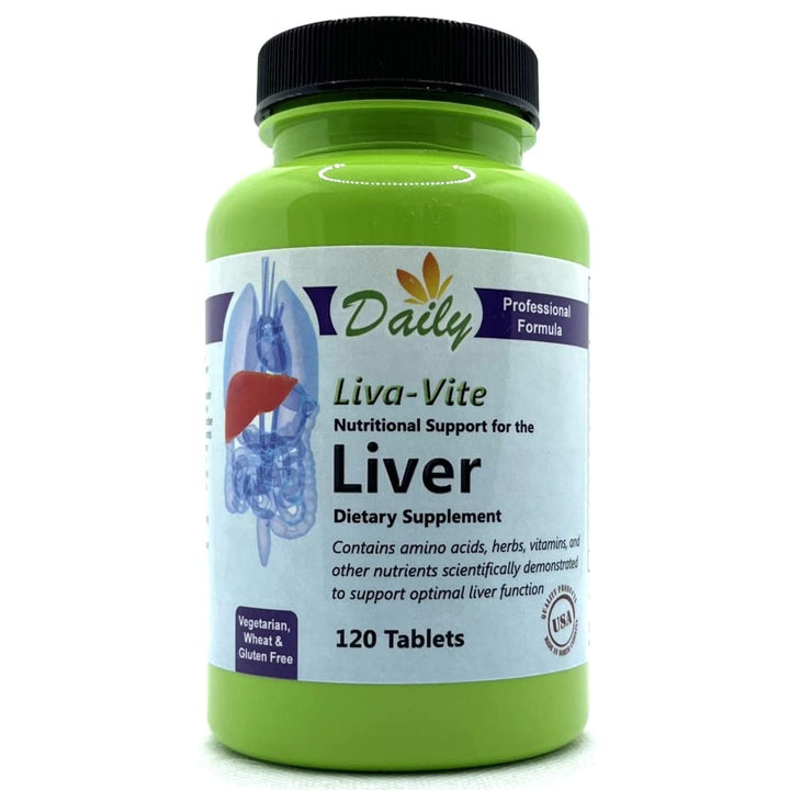 Daily Manufacturing Liva-Vite bottle front promotes a daily liver-support routine.