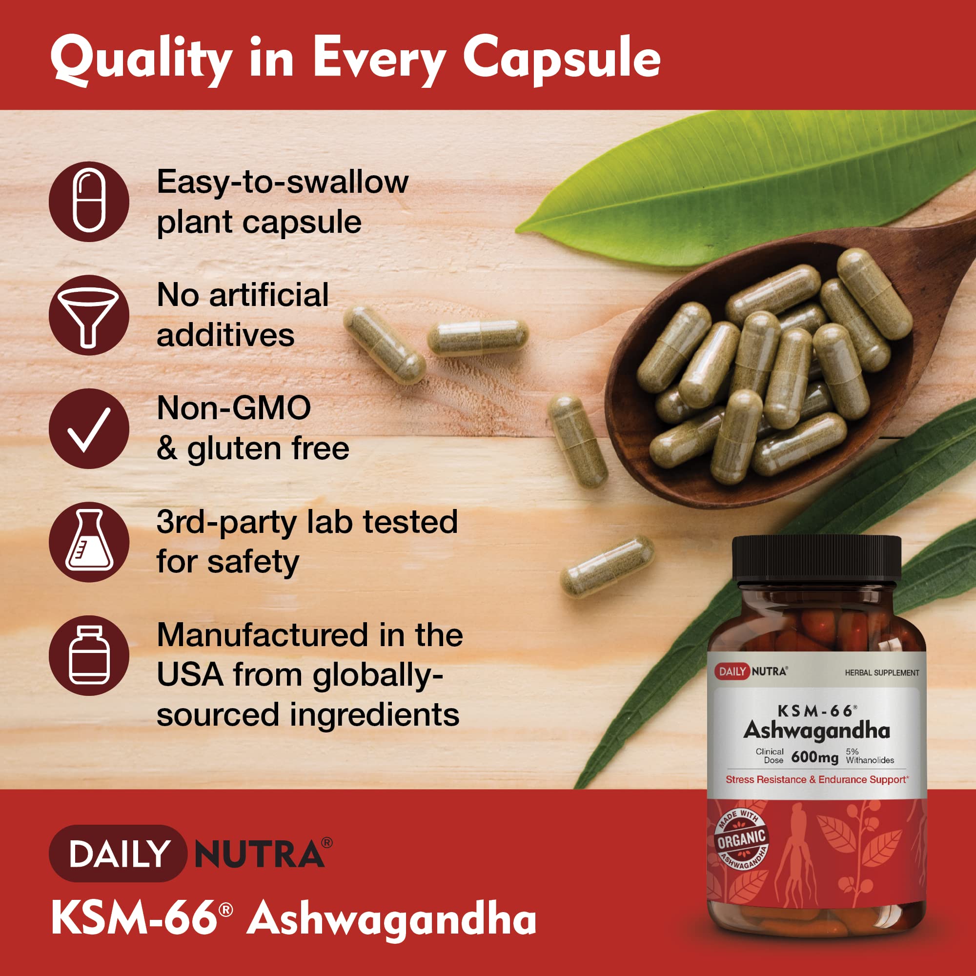 DailyNutra KSM-66 Ashwagandha capsules on a desk ready for daily use.