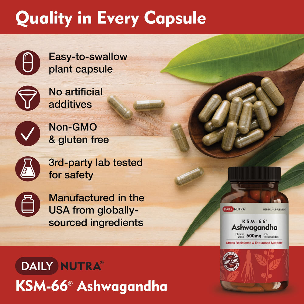 DailyNutra KSM-66 Ashwagandha capsules on a desk ready for daily use.