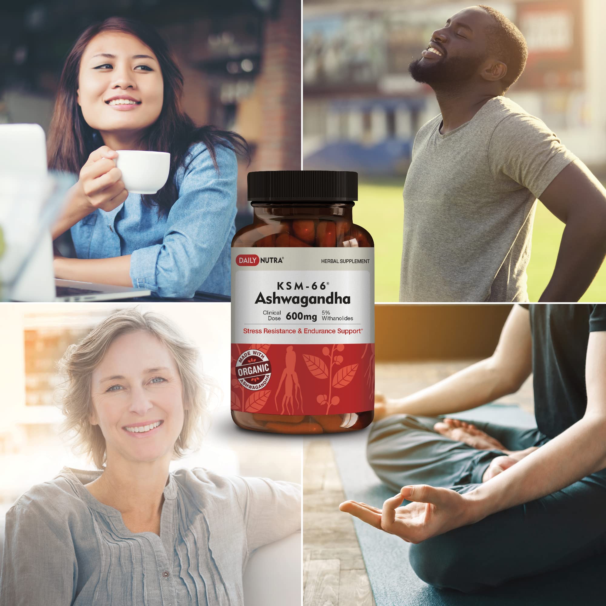 DailyNutra KSM-66 Ashwagandha with glass of water for daily routine.