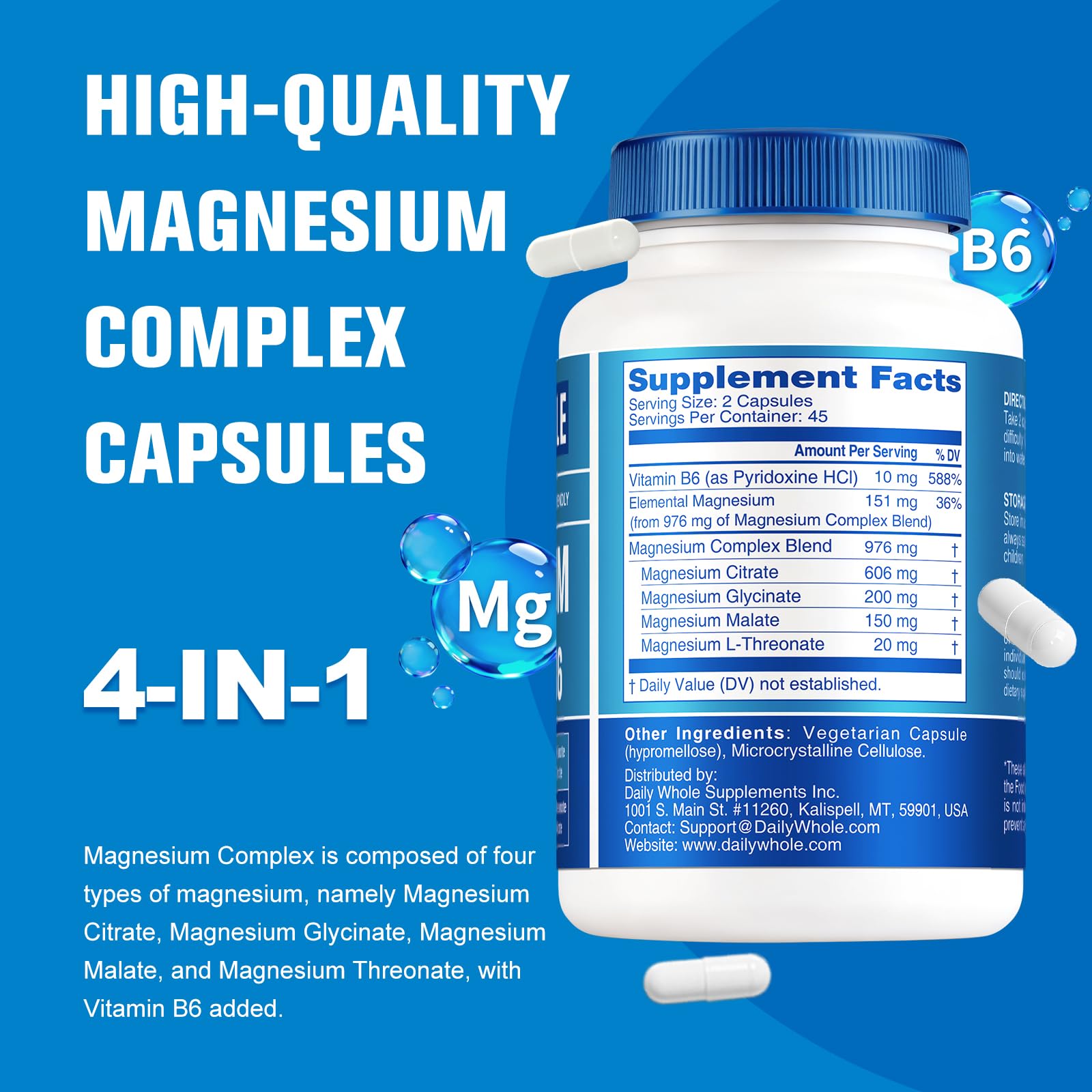 DailyWhole magnesium glycinate-citrate-malate-l-threonate capsules illustrate the 4-in-1 blend.