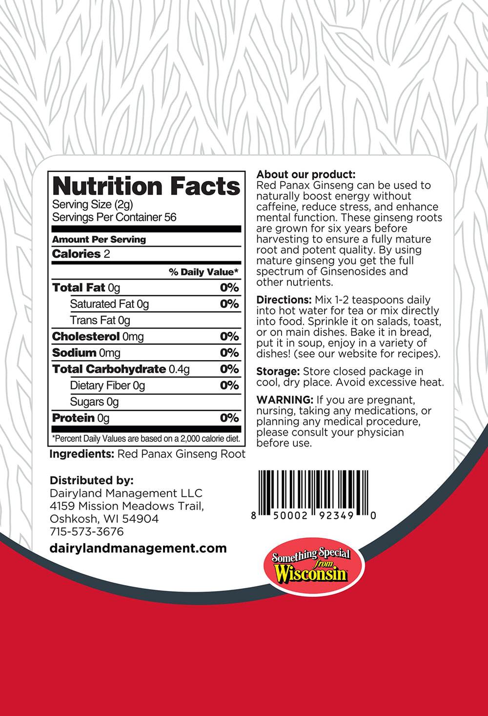 Dairyland Korean ginseng powder label highlights ingredients.