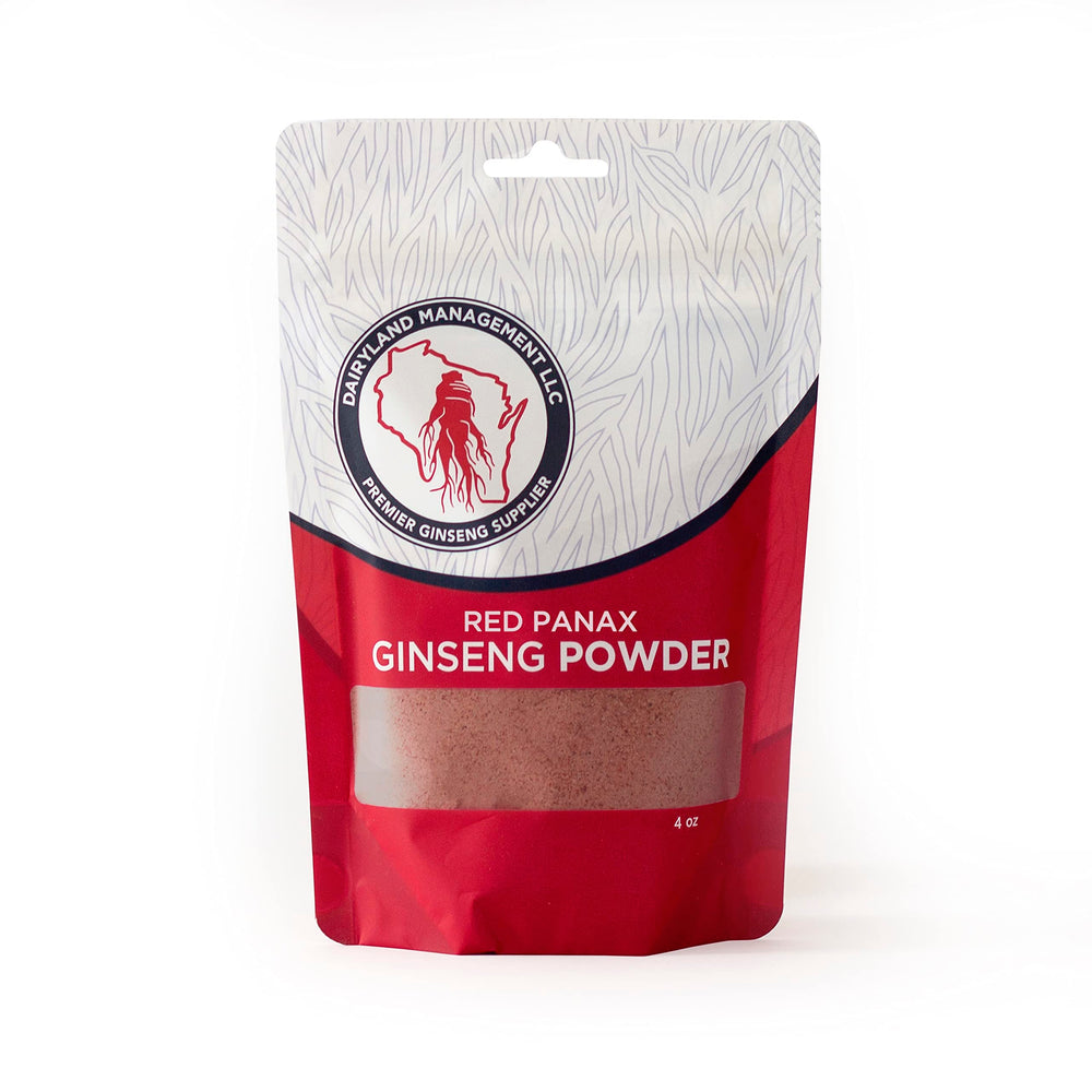 Dairyland Red Panax Ginseng Powder bottle on shelf for steady energy.