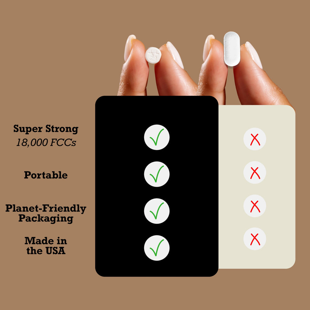 DairyPill non-GMO logo signals preservative-free, simple ingredients.