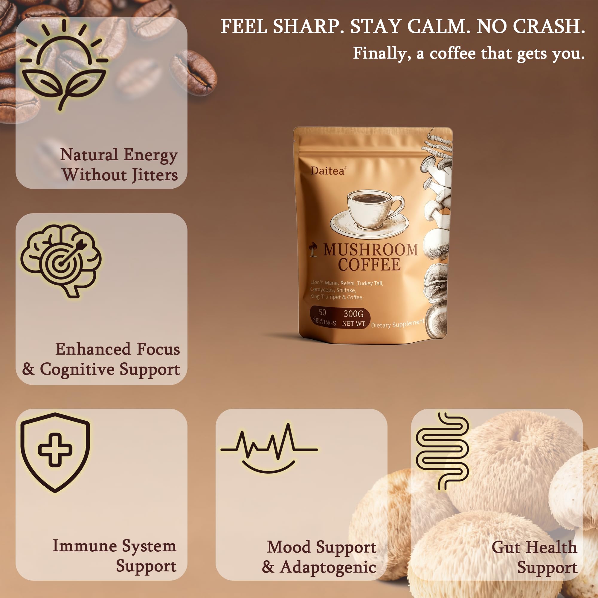 Daitea Mushroom Coffee arabica beans highlight balanced flavor with low acidity.