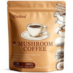 Daitea Mushroom Coffee pouch front showing premium adaptogens for daily energy.