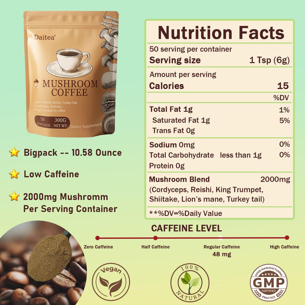 Daitea Mushroom Coffee pouch side highlighting resealable packaging for freshness.