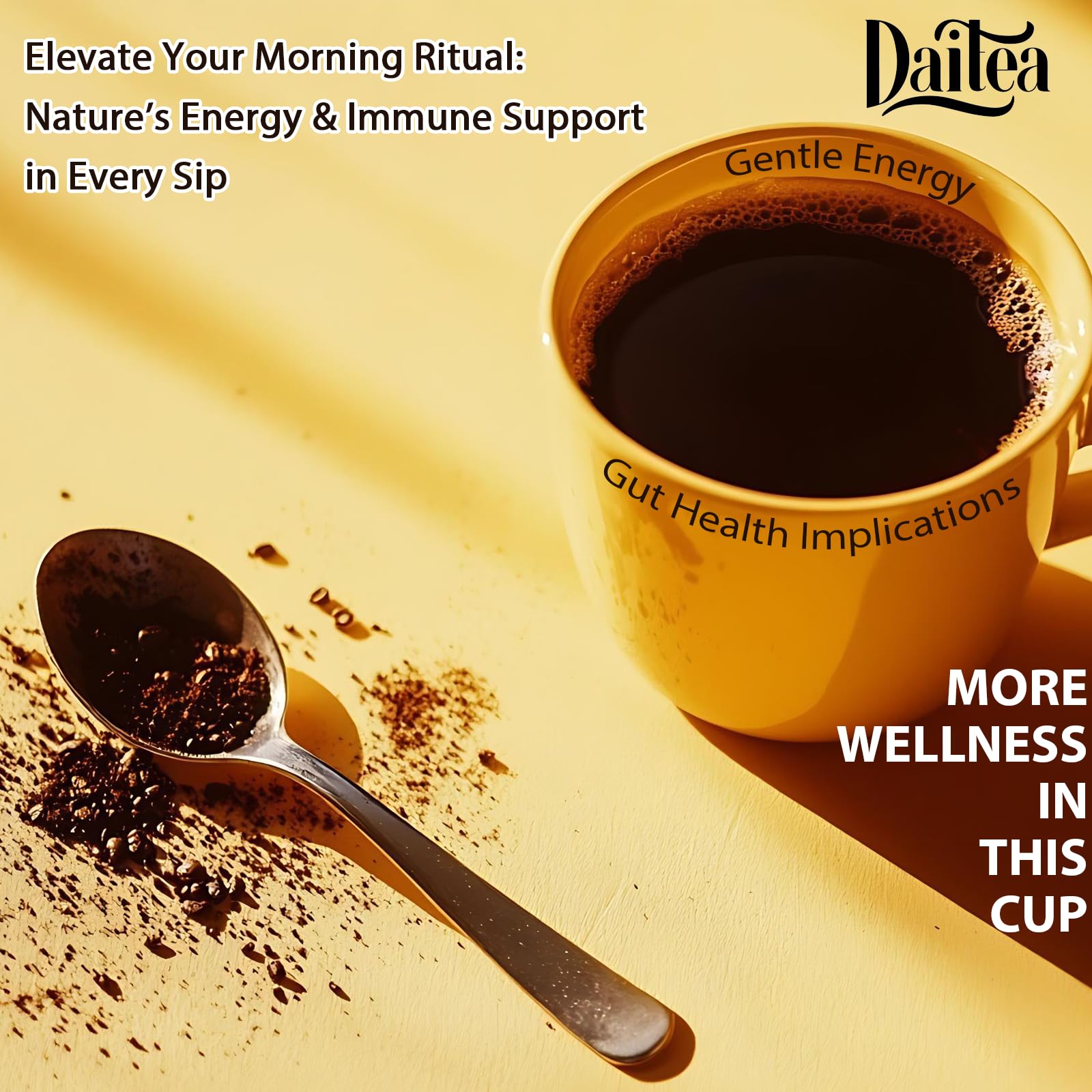 Daitea Mushroom Coffee studio scene with cup and spoon.