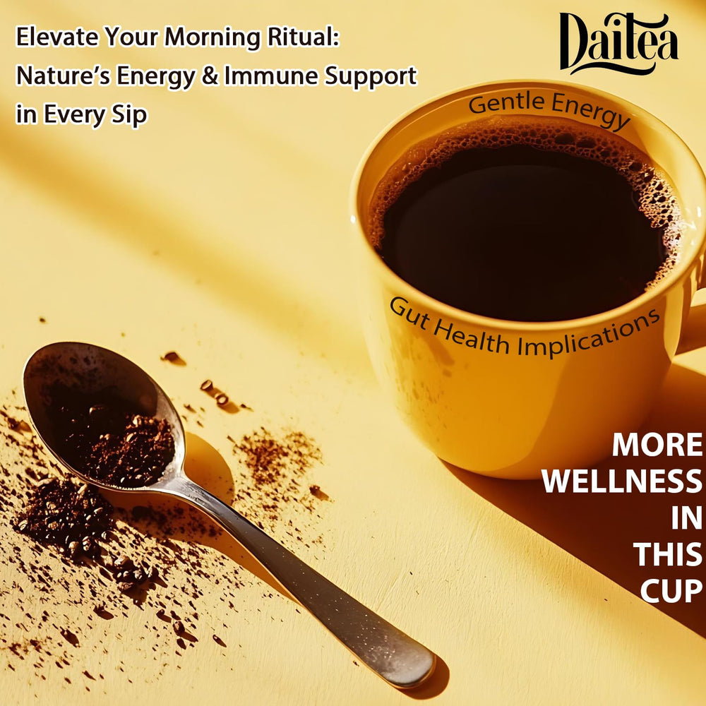 Daitea Mushroom Coffee studio scene with cup and spoon.