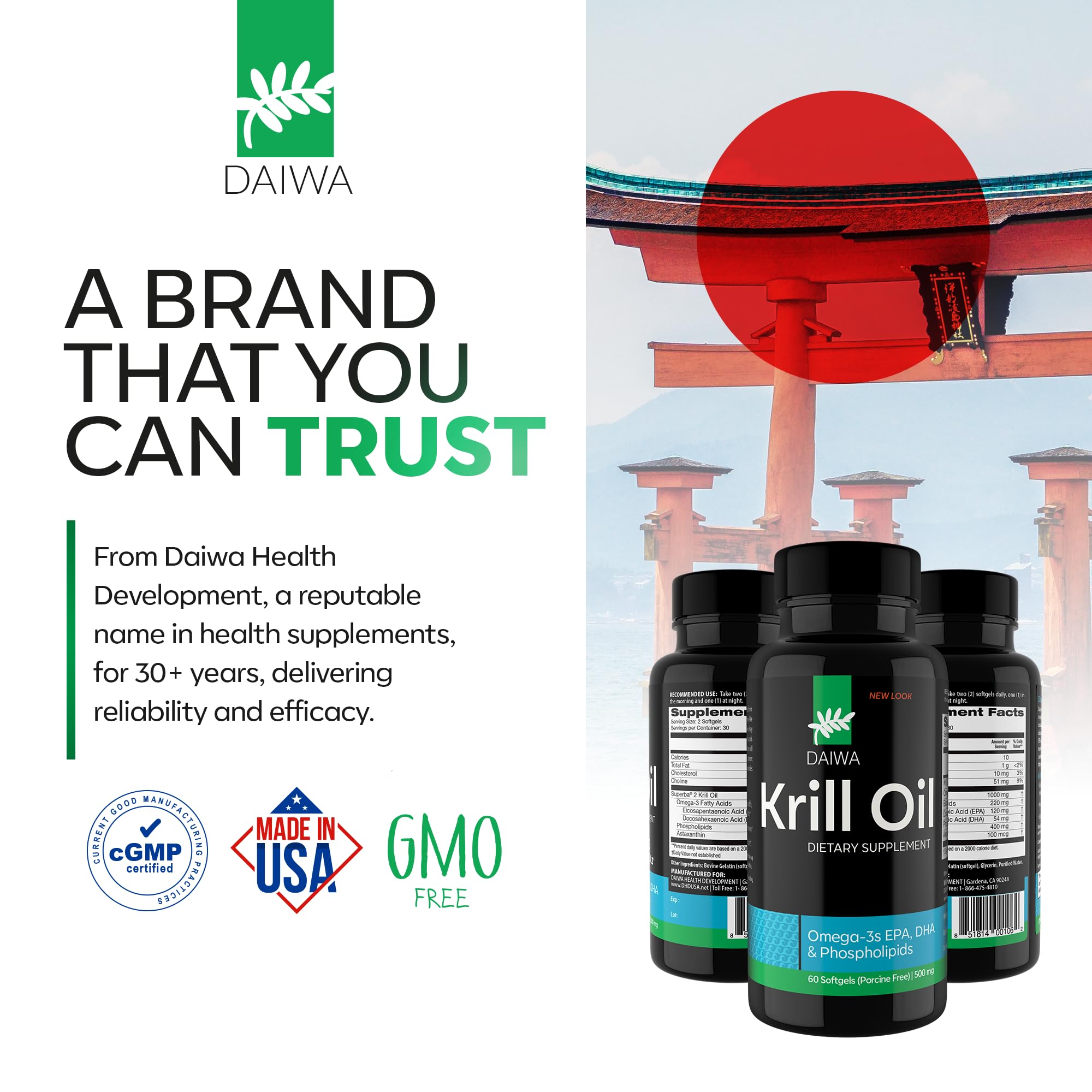 Daiwa Antarctic krill oil sustainably harvested image reinforces responsible sourcing.