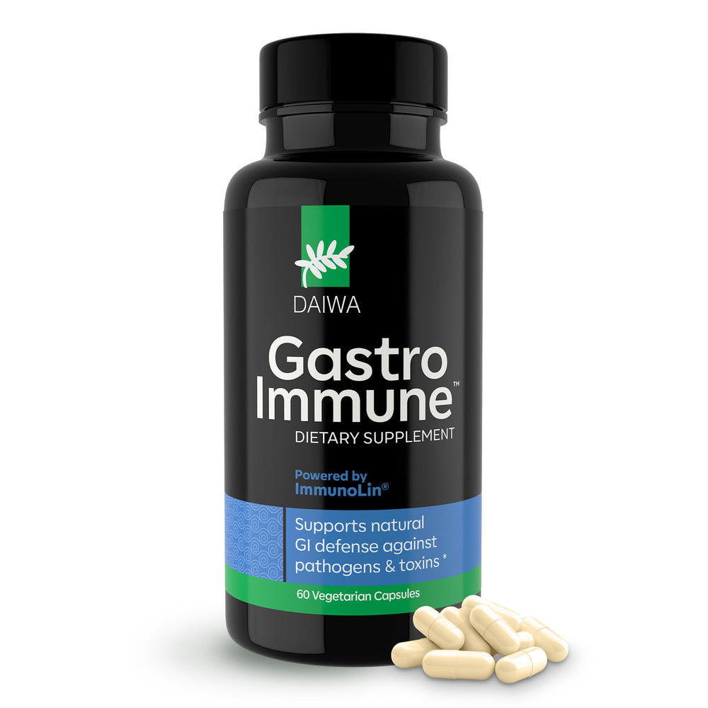 Daiwa GastroImmune bottle on kitchen counter, suggesting daily gut support