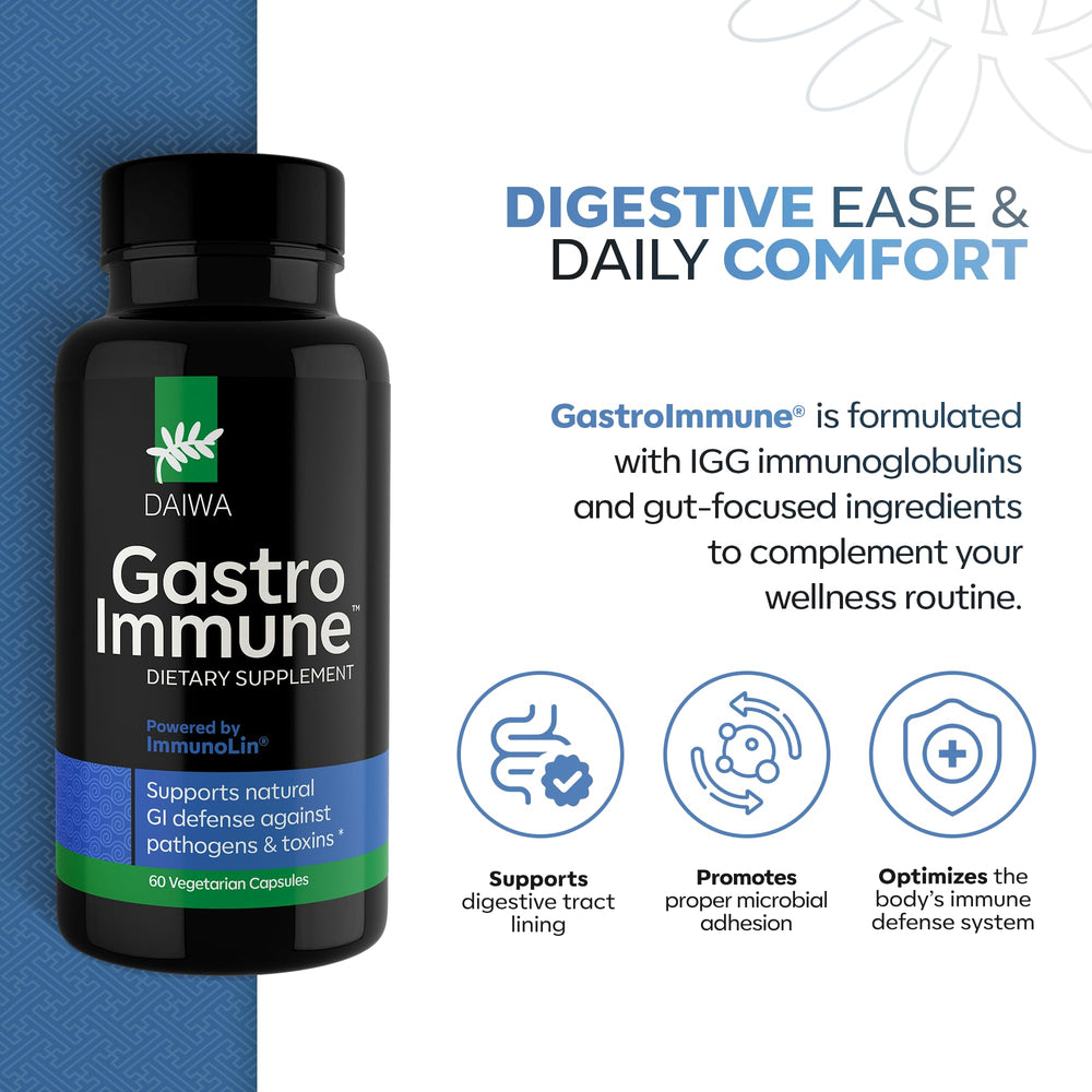 Daiwa GastroImmune capsules close-up, highlighting convenient two-capsule daily dose