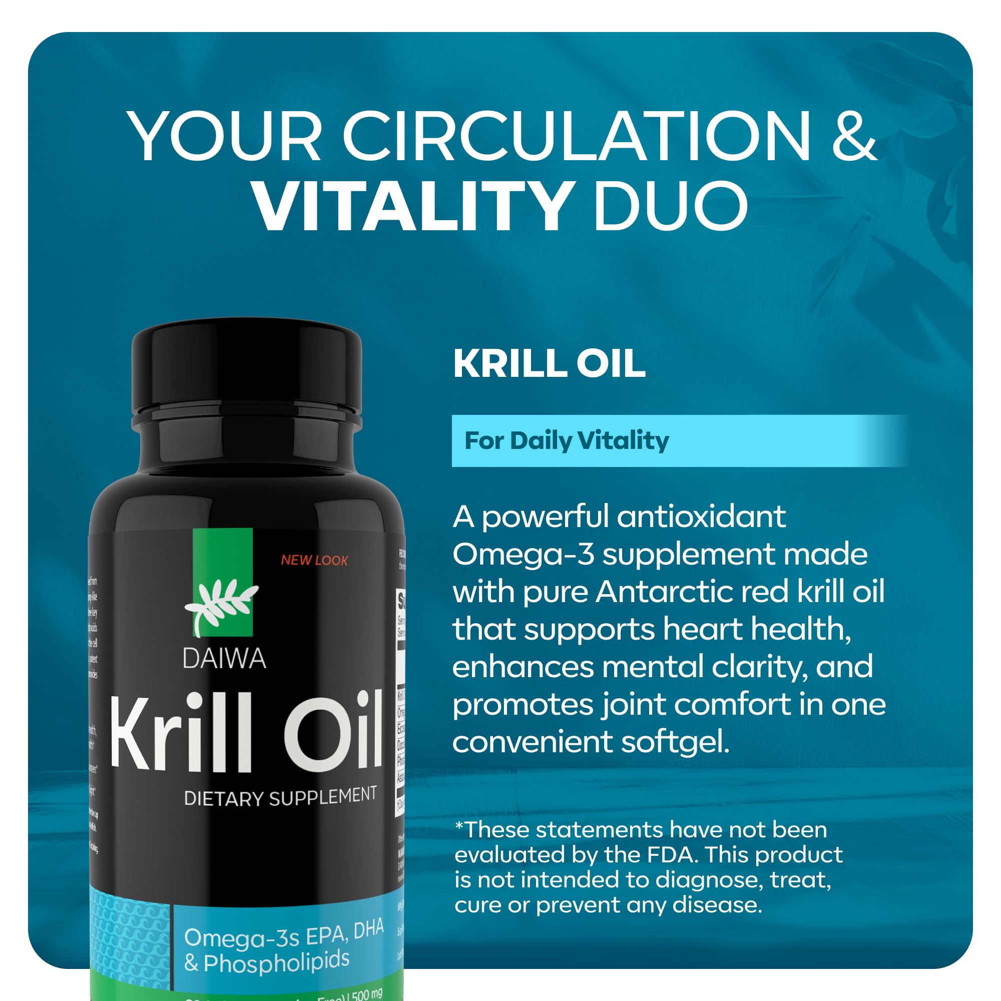 Daiwa Krill Oil capsules pack displaying omega-3 richness for heart and joint health.