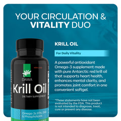 Daiwa Krill Oil capsules pack displaying omega-3 richness for heart and joint health.