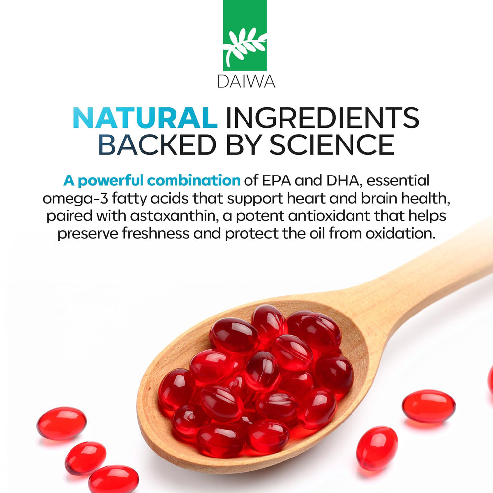 Daiwa Krill Oil softgels pour shot illustrates easy grabbing and dosing.