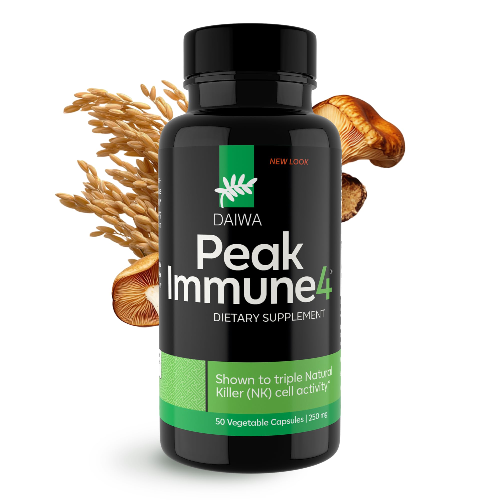 Daiwa PeakImmune4 bottle with RBAC capsules promotes daily wellness.
