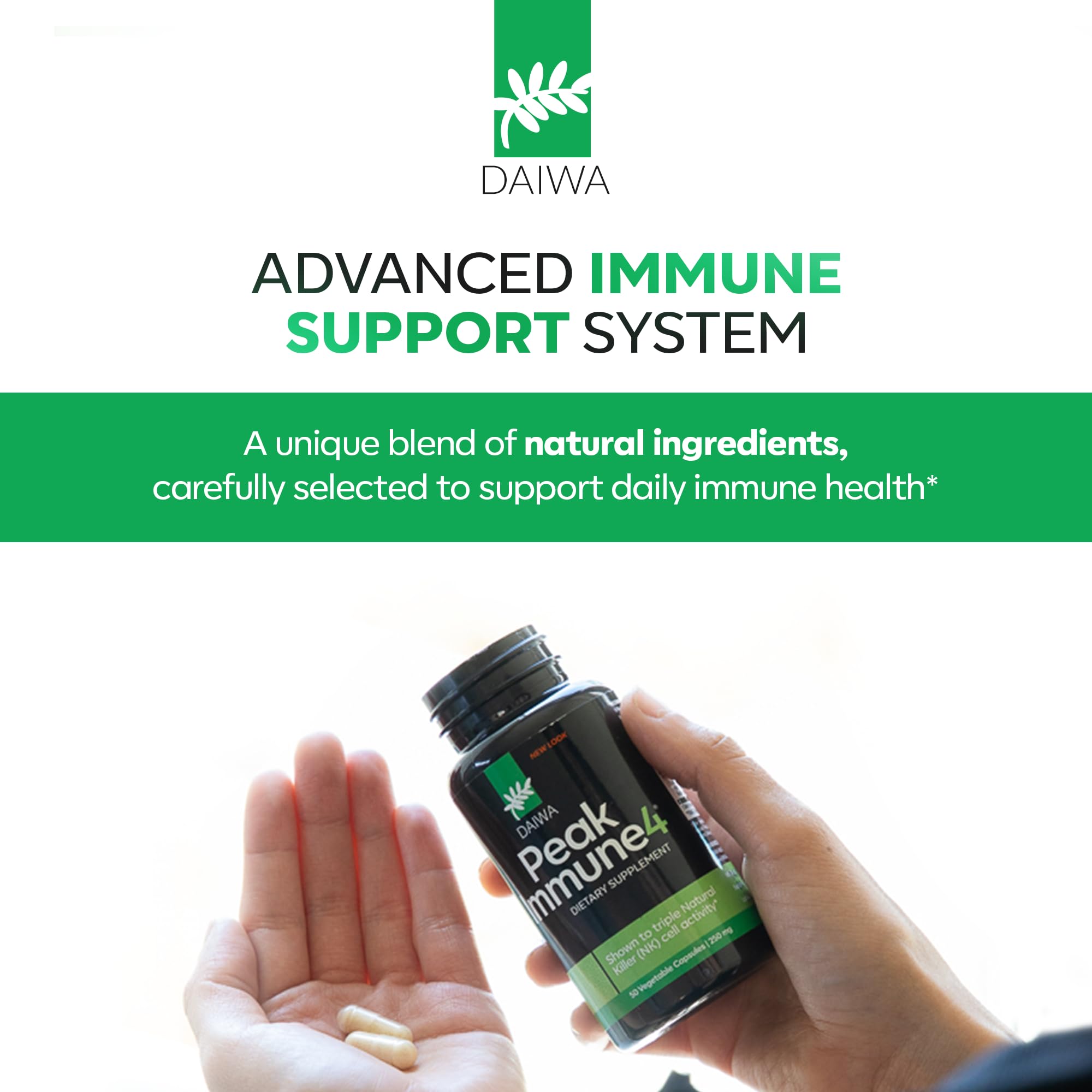 Daiwa PeakImmune4 shiitake enzyme blend capsule close-up.