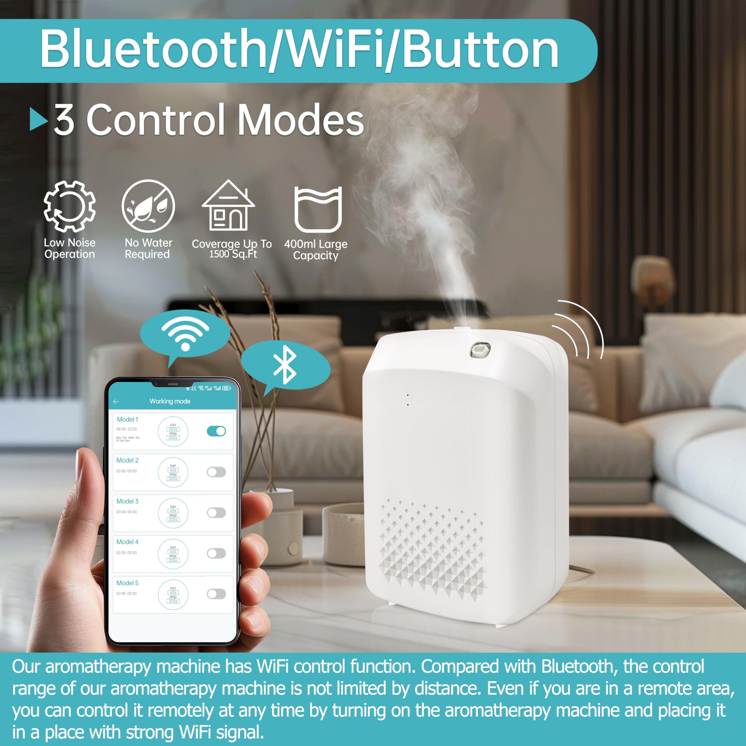 DAKISTF Scent Tech app control screen showing scheduling and remote start features.