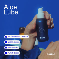 Dame Aloe Lube silky glide highlights smooth application for solo or partner play.