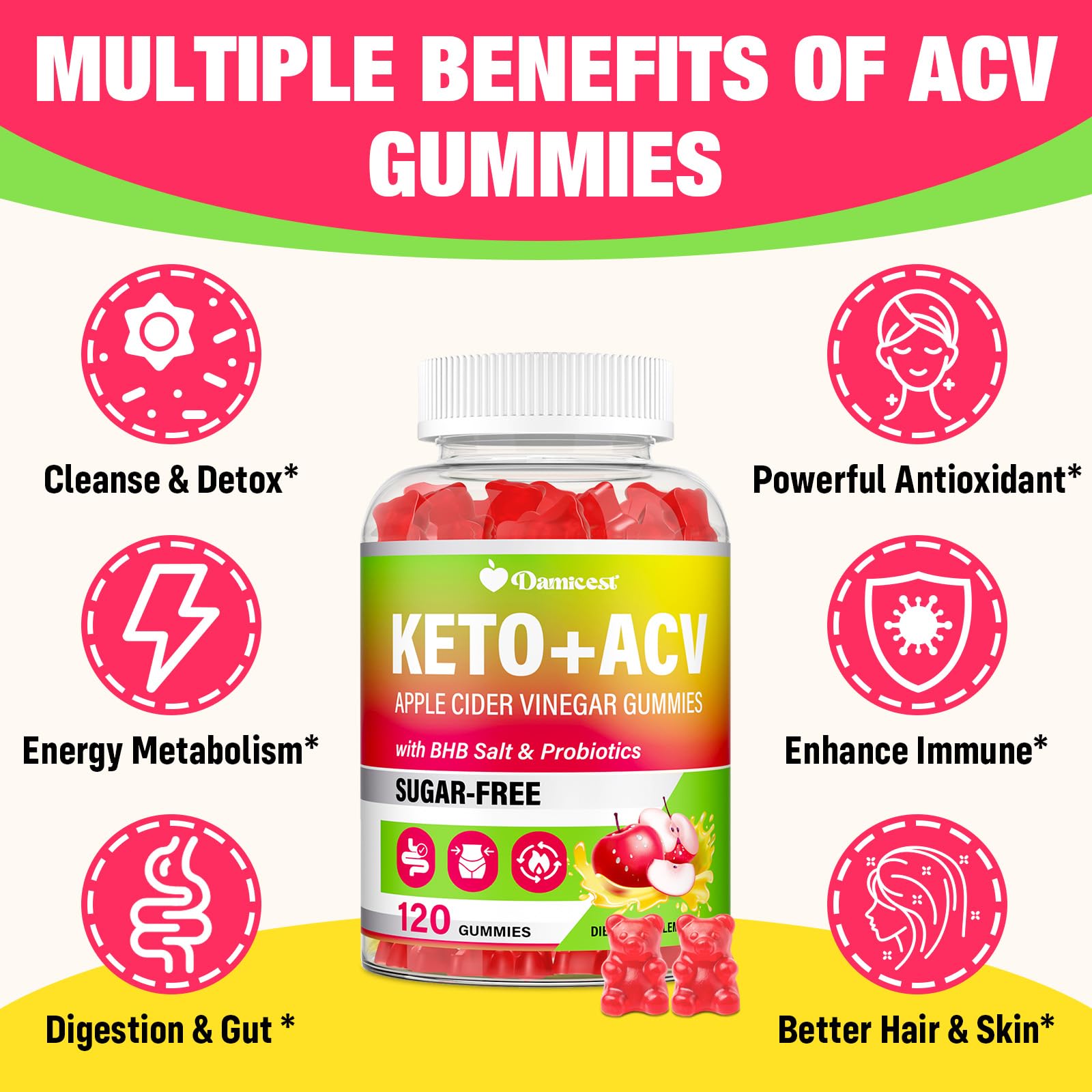 Damicest 200B CFU probiotics highlighted near the gummies.