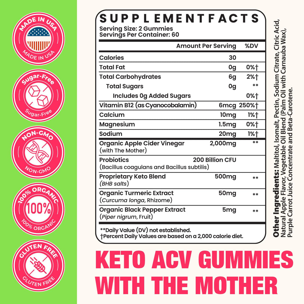 Damicest Apple Cider Vinegar Gummies label showing The Mother and probiotics for gut balance.