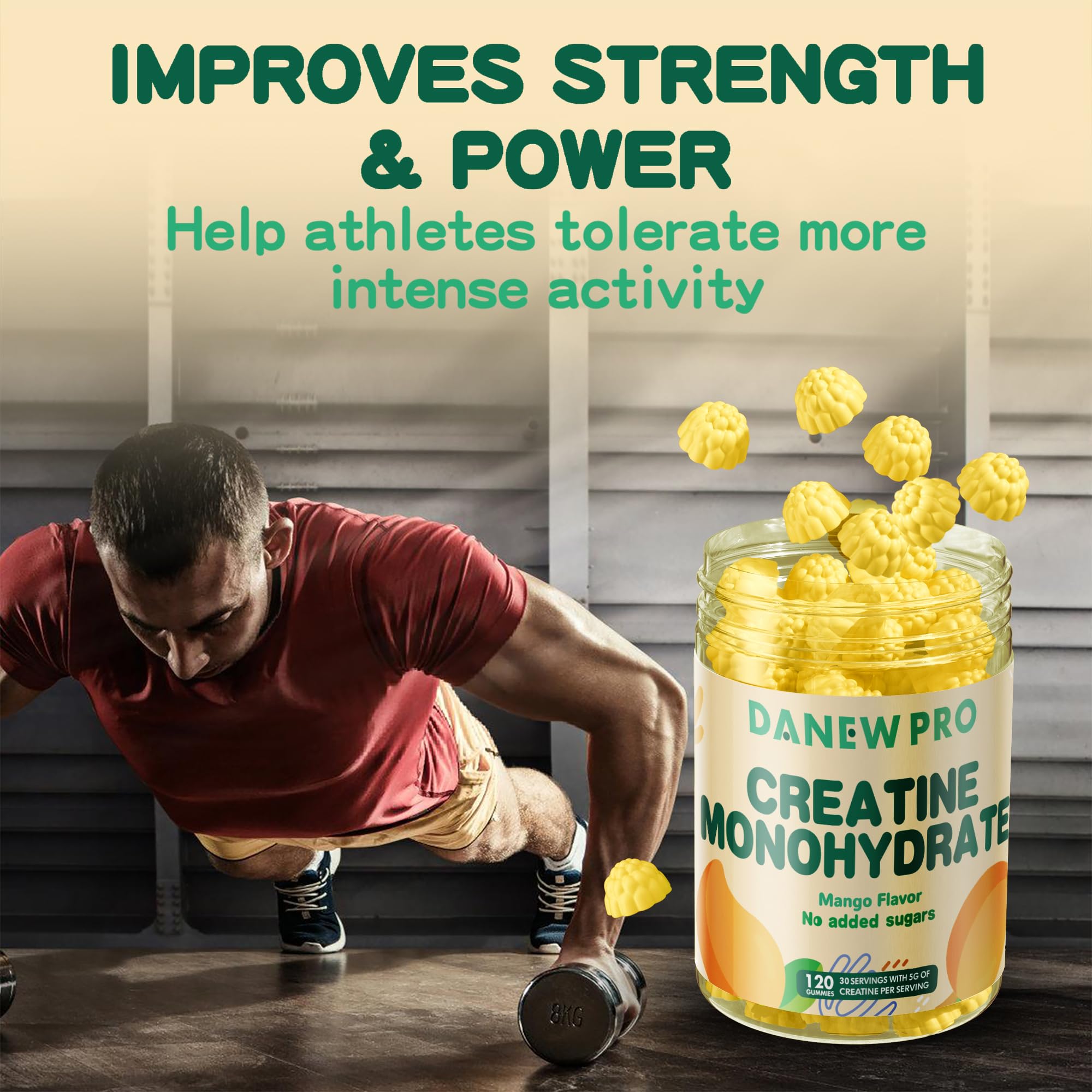DANEW Pro Creatine Gummy Mango gummies dissolving indicating quick mixability.