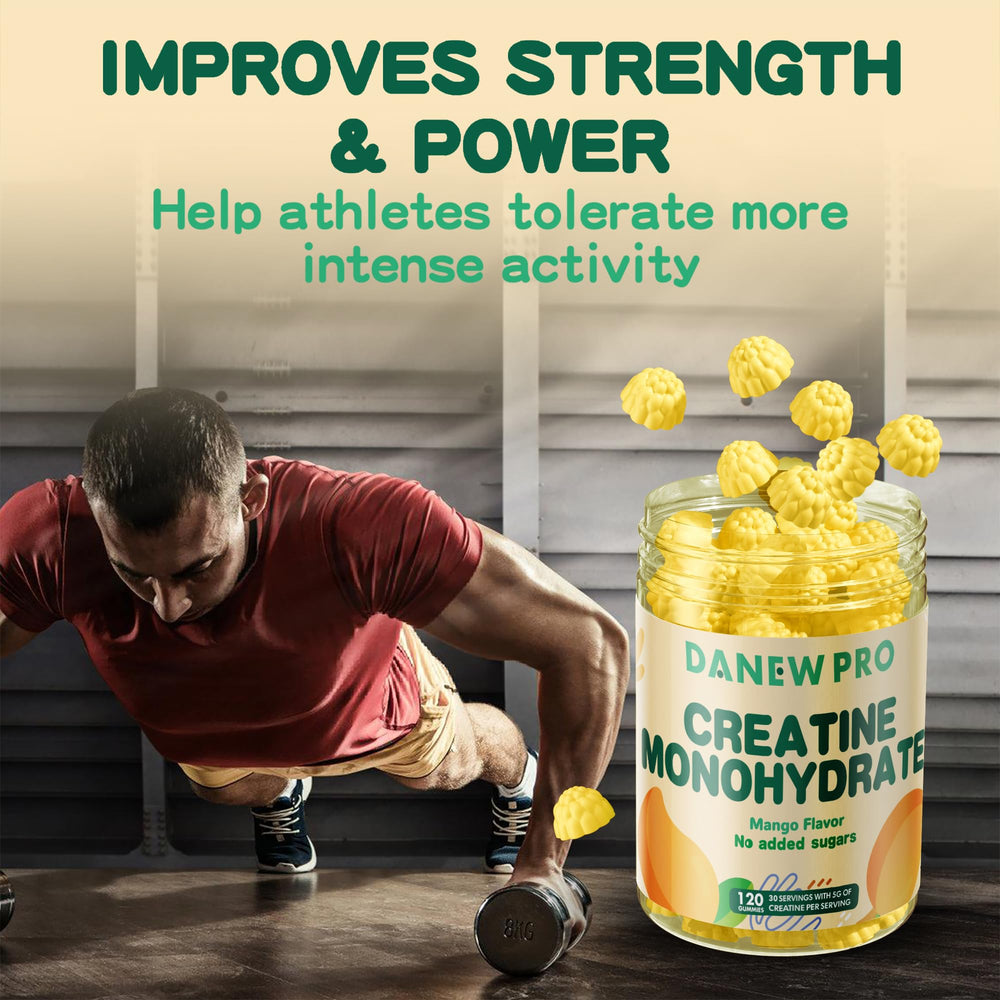 DANEW Pro Creatine Gummy Mango gummies dissolving indicating quick mixability.