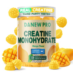 DANEW Pro Creatine Gummy Mango bottle front for on-the-go workouts.