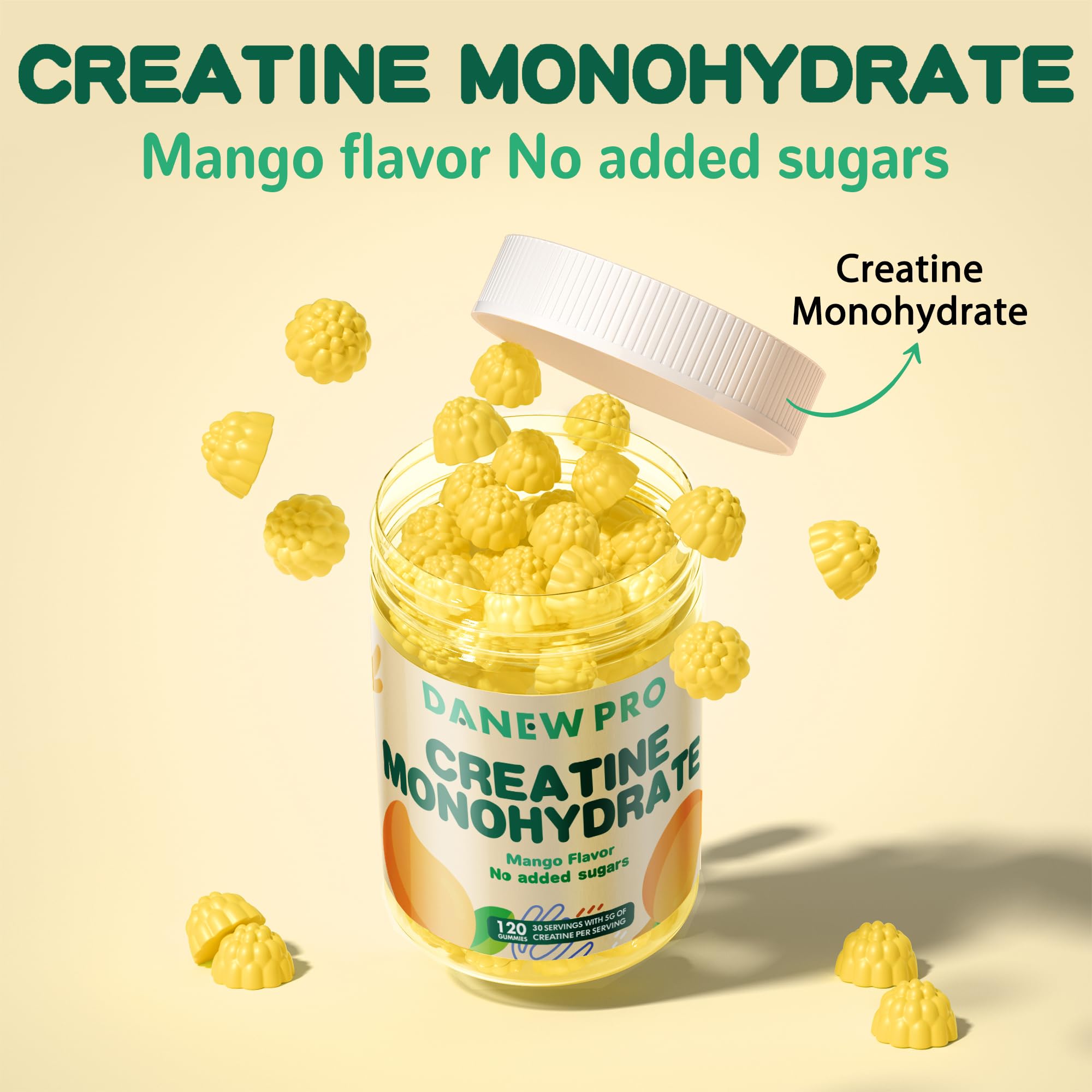 DANEW Pro Creatine Gummy Mango texture close-up emphasizes chewiness.