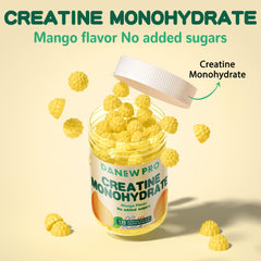 DANEW Pro Creatine Gummy Mango texture close-up emphasizes chewiness.