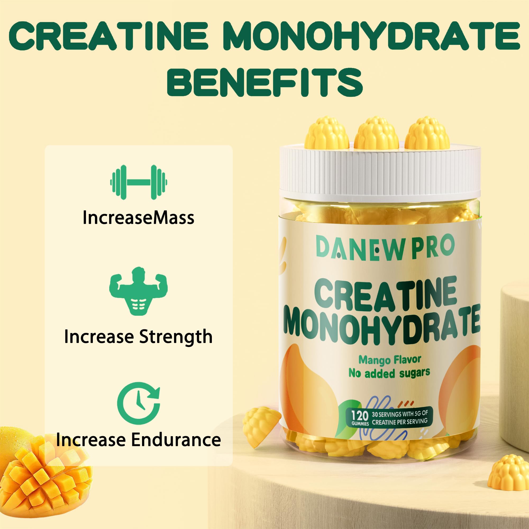 DANEW Pro Creatine Gummy Mango bottle shown on kitchen counter.