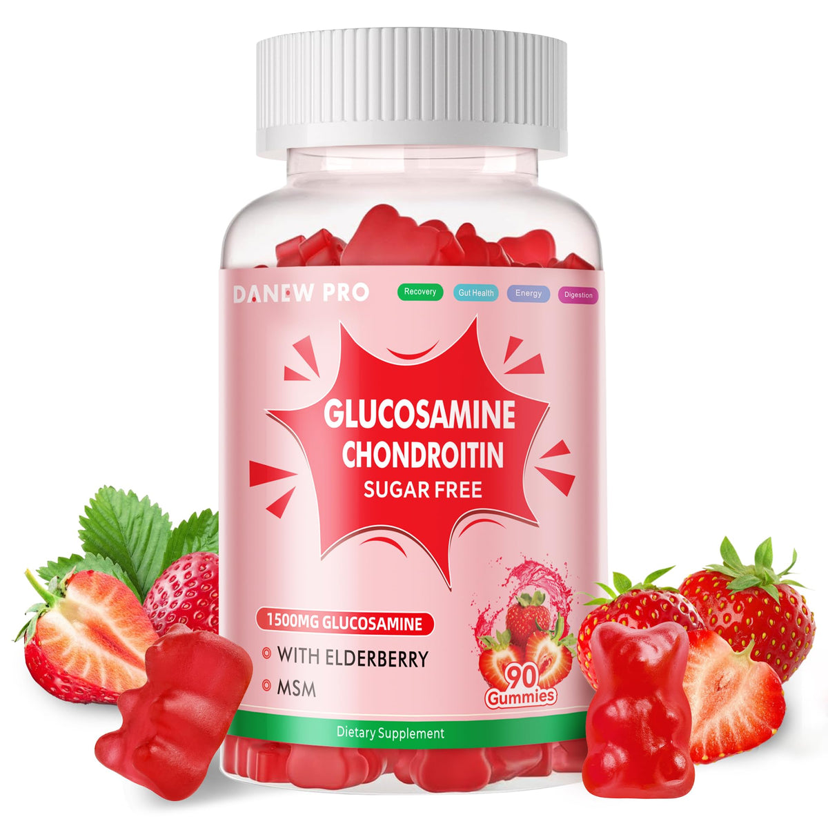 DANEW Pro glucosamine chondroitin gummies bottle front for joint support, strawberry flavor