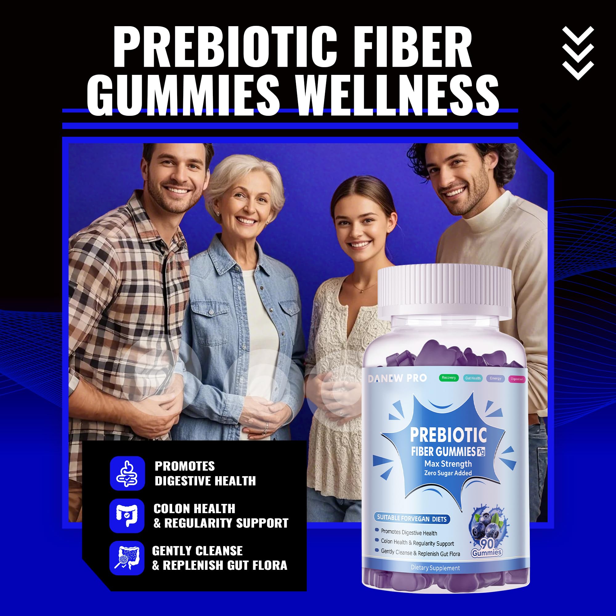 DANEW Pro prebiotic gummies blueberry bottle label closeup highlights plant-based formula.