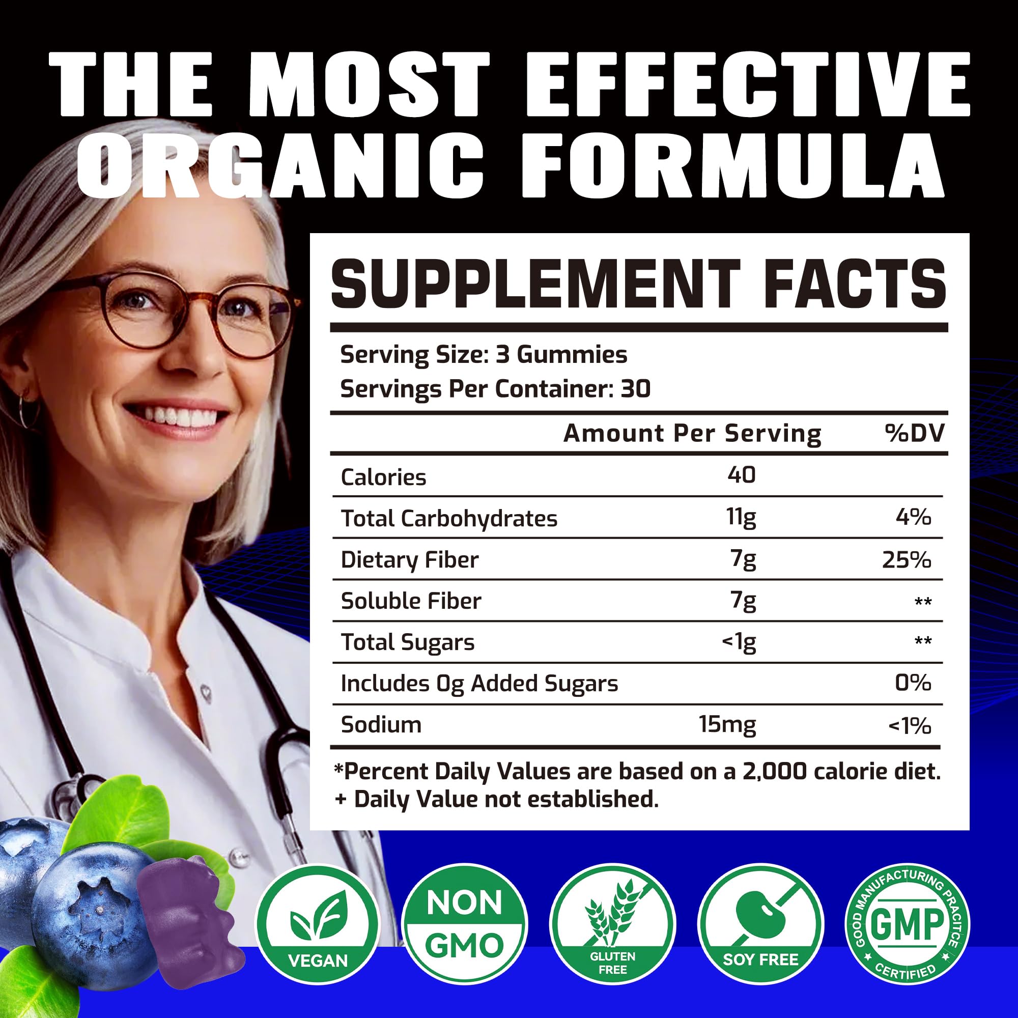 DANEW Pro prebiotic gummies blueberry bottle pouring illustrates easy daily fiber intake.