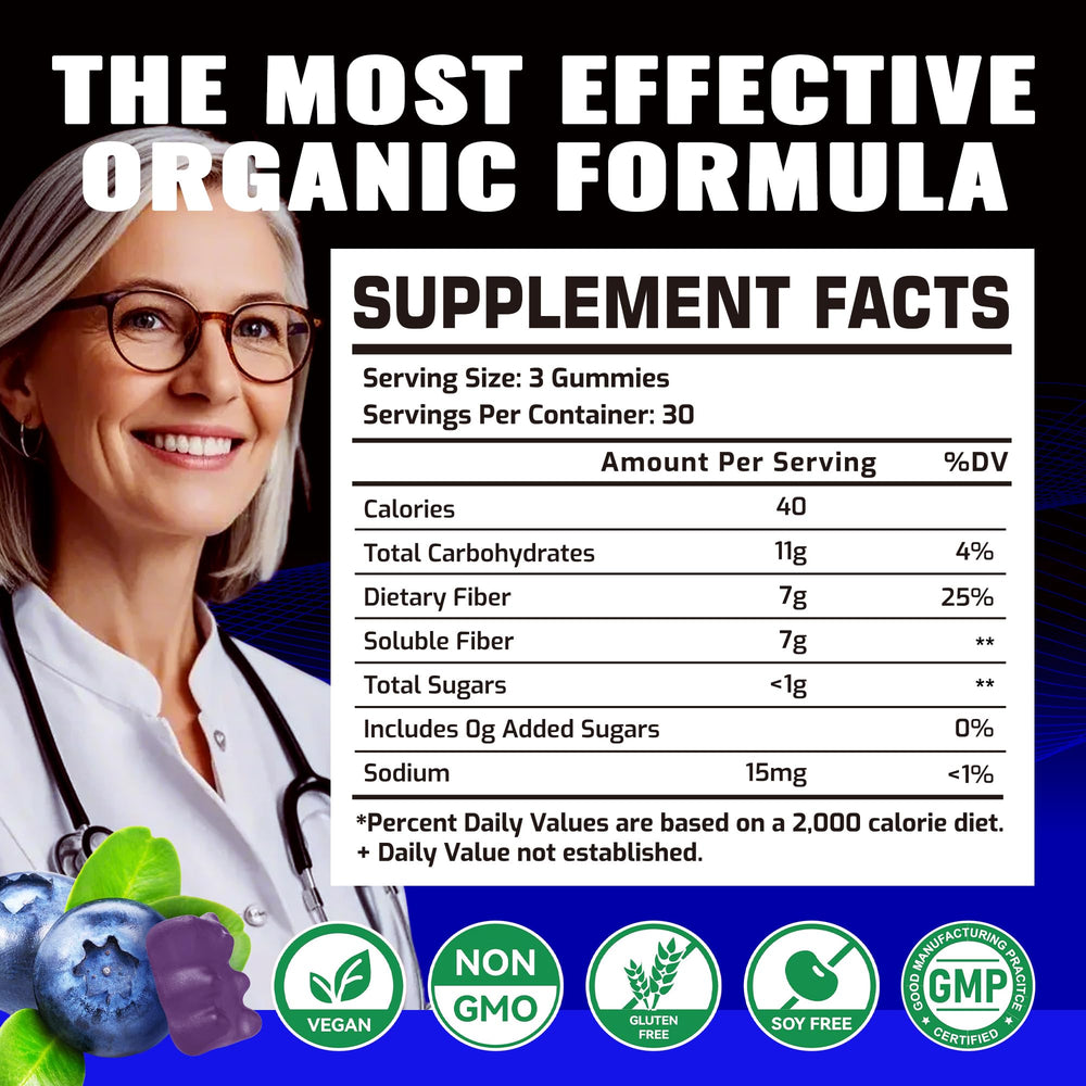 DANEW Pro prebiotic gummies blueberry bottle pouring illustrates easy daily fiber intake.