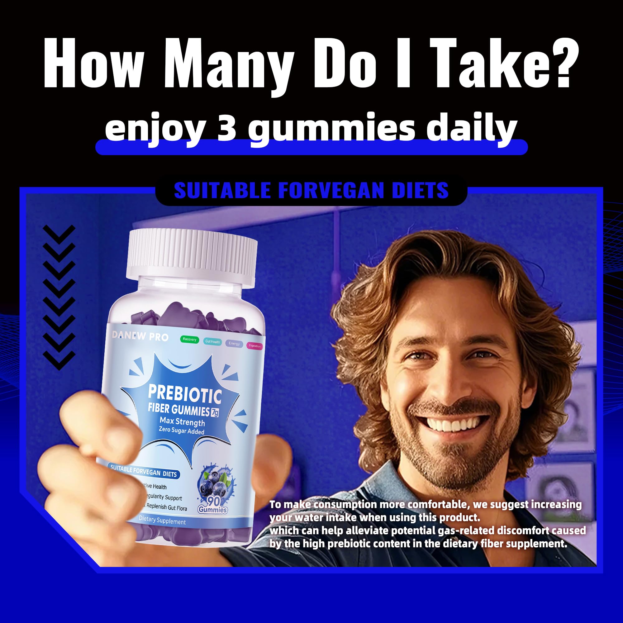 DANEW Pro serving info shows 7 g prebiotic fiber per gummy.