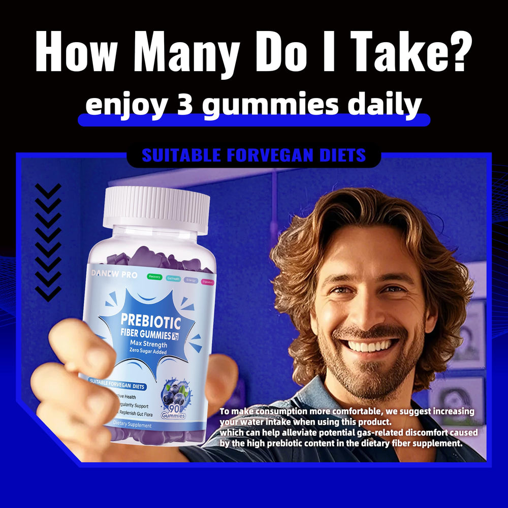DANEW Pro serving info shows 7 g prebiotic fiber per gummy.